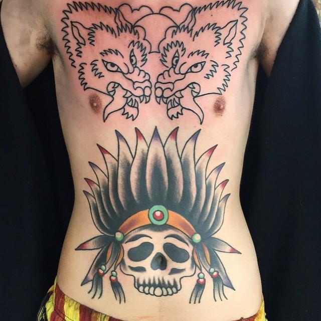 Old school style colored Indian skull tattoo on belly