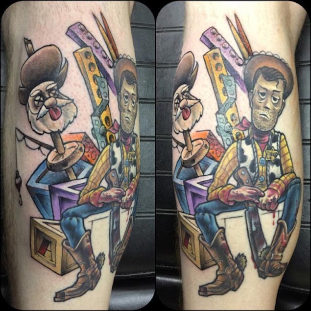 Old school style colored leg tattoo of various Toy Story cartoon heroes