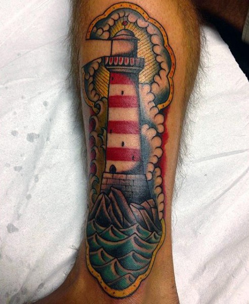Old school style colored leg tattoo of big lighthouse with waves