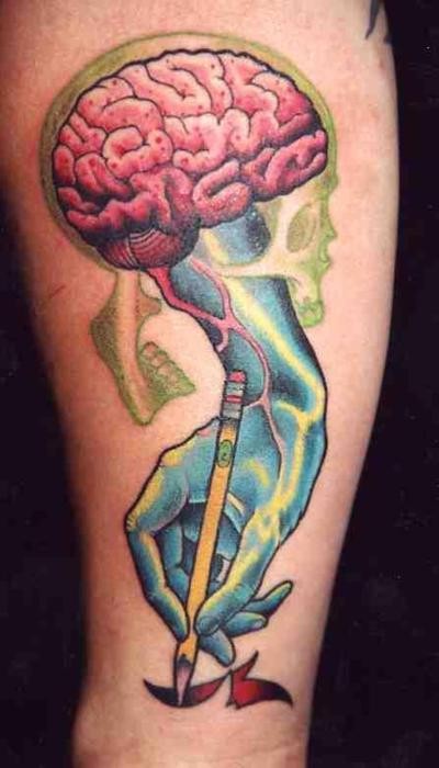 Old school style colored leg tattoo of human hand with brain and skull
