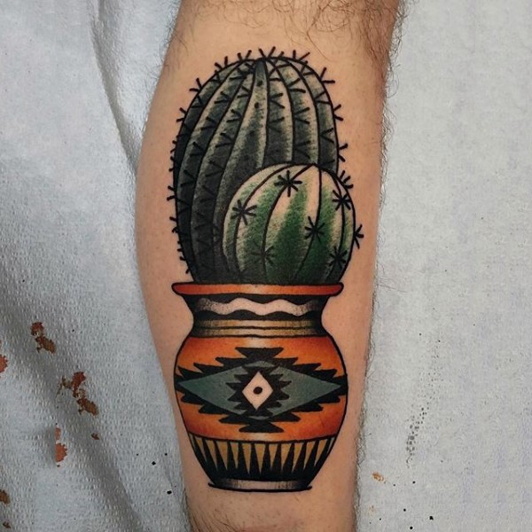 Old school style colored leg tattoo of cactus with pot