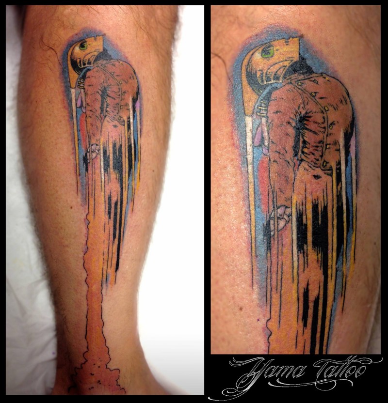 Old school style colored leg tattoo of mystical flying man