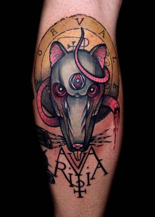 Old school style colored leg tattoo of demonic rat with worm and symbols