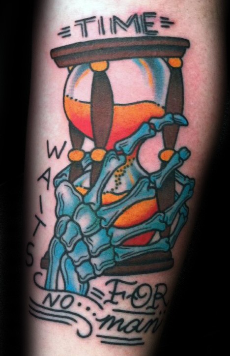 Old school style colored leg tattoo of sand clock with skeleton hand