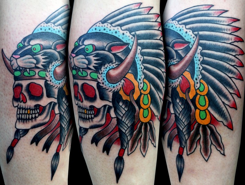Old school style colored leg tattoo of Indian skull with black panther helmet