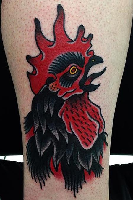 Old school style colored leg tattoo of creepy cock