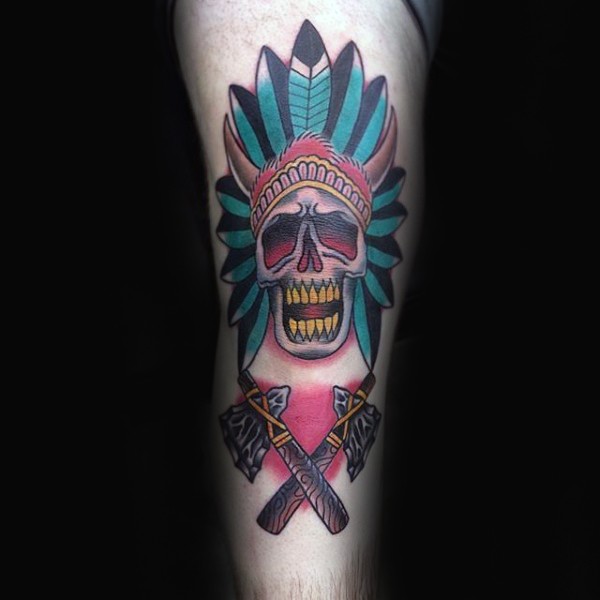 Old school style colored leg tattoo of Indian chief skull and crossed axes