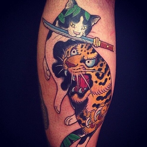 Old school style colored Manmon cat with tanto tattoo by horitomo