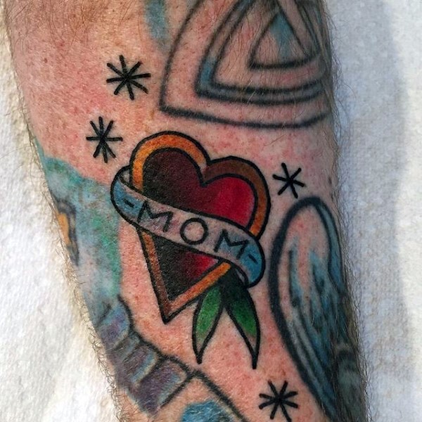 Old school style colored mother dedicated tattoo of heart and lettering