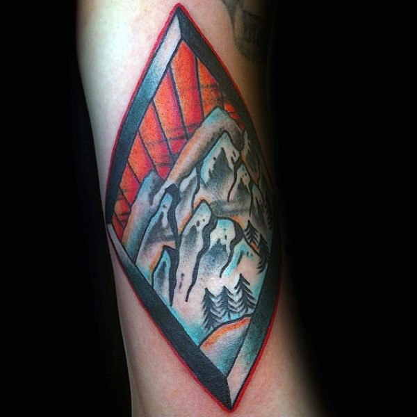 Old school style colored mountains picture tattoo