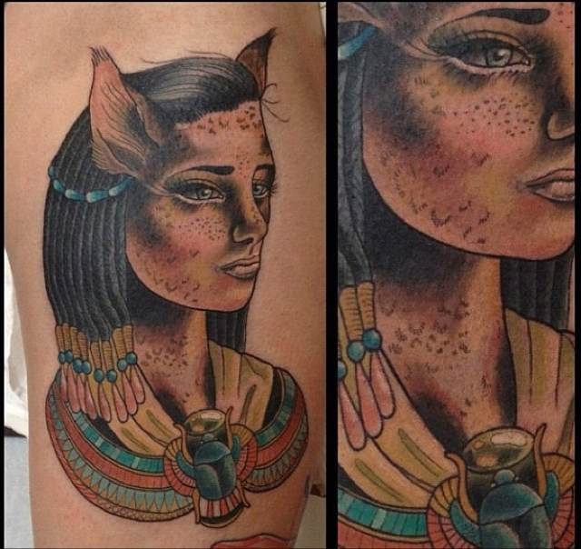Old school style colored mystical Egypt woman portrait tattoo