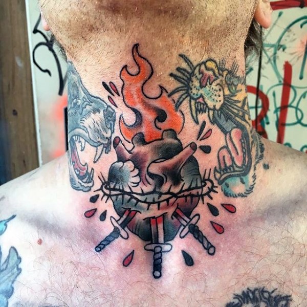 Old school style colored neck tattoo of bleeding human heart tattoo with vine and knifes