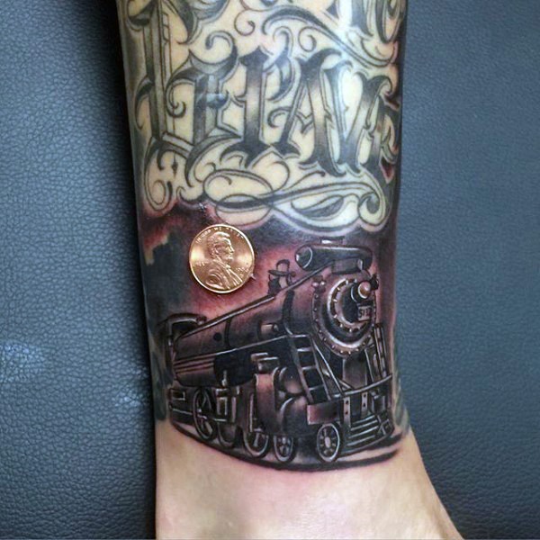 Old school style colored old train tattoo on ankle