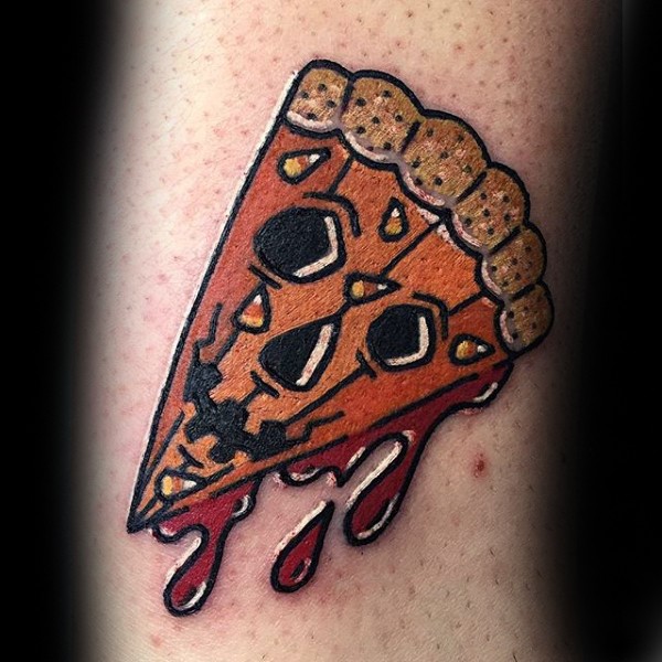 Old school style colored pizza slice monster tattoo