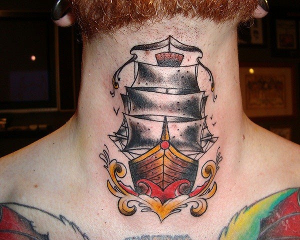 Old school style colored sailor ship tattoo on neck