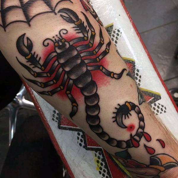 Old school style colored scorpion tattoo on leg
