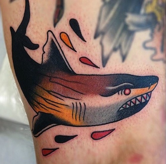 Old school style colored shark tattoo with blood drops