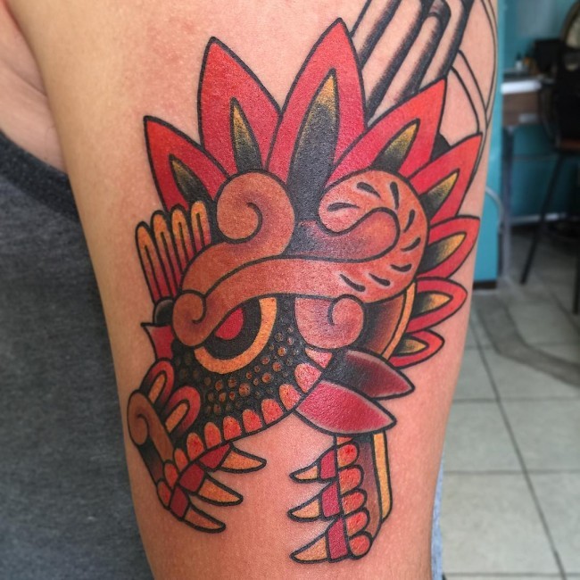 Old school style colored shoulder tattoo of evil dragon picture