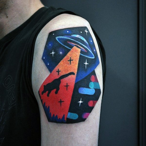 Old school style colored shoulder tattoo of alien ship with cat