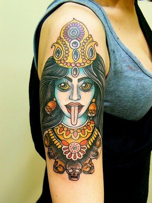 Old school style colored shoulder tattoo of Hinduism God