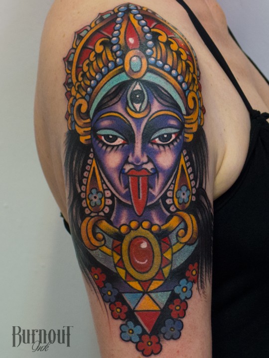 Old school style colored shoulder tattoo of Hinduism woman Goddess