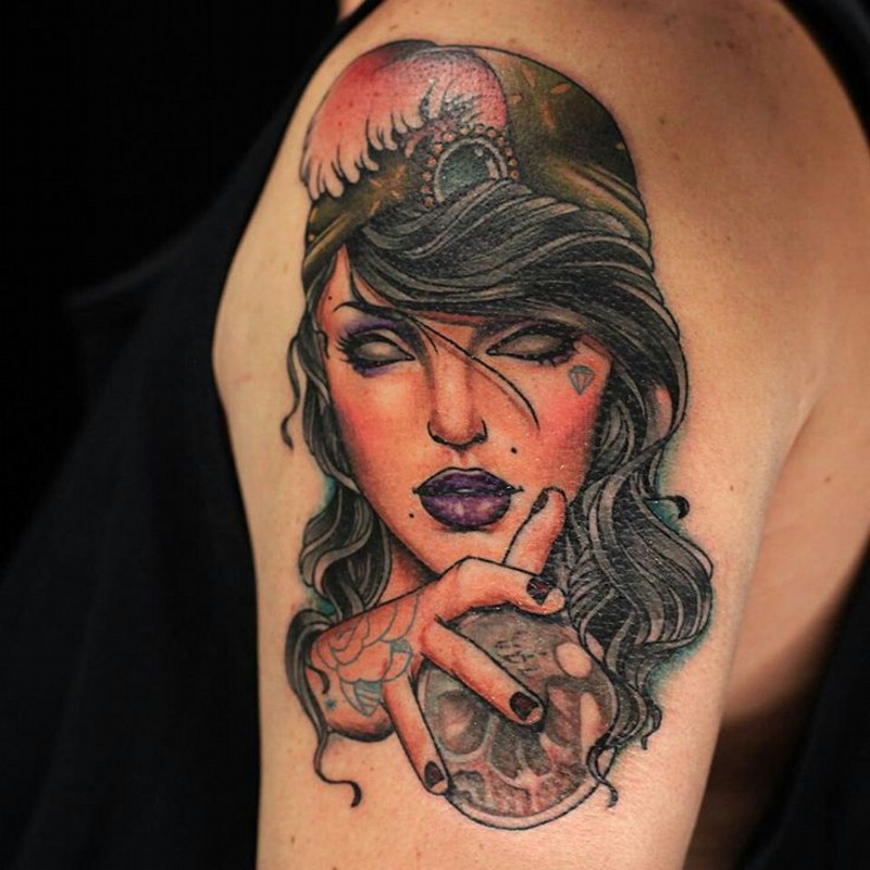 Old school style colored shoulder tattoo of demonic woman portrait
