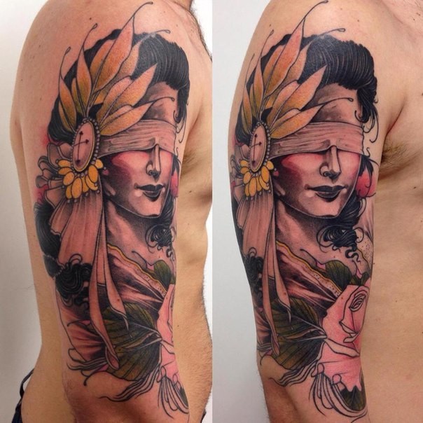 Old school style colored shoulder tattoo of woman with eye ribbon
