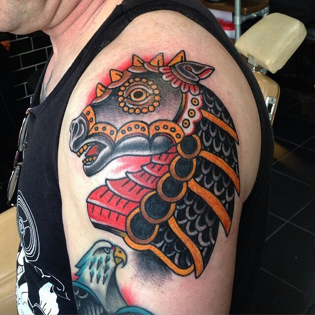 Old school style colored shoulder tattoo of fantasy Samurai horse