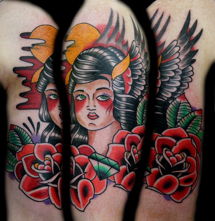 Old school style colored shoulder tattoo of old woman with roses and diamond