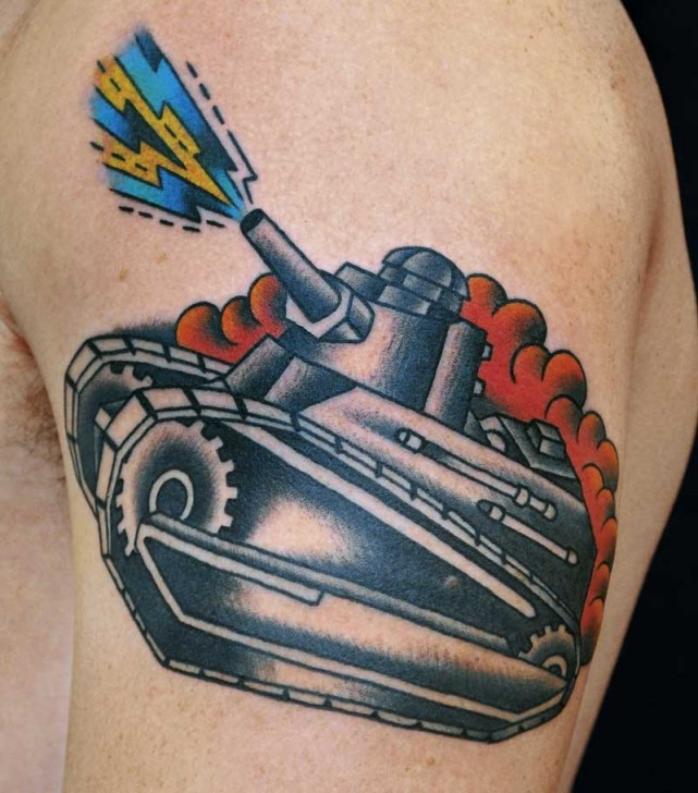 Old school style colored shoulder tattoo of little tank