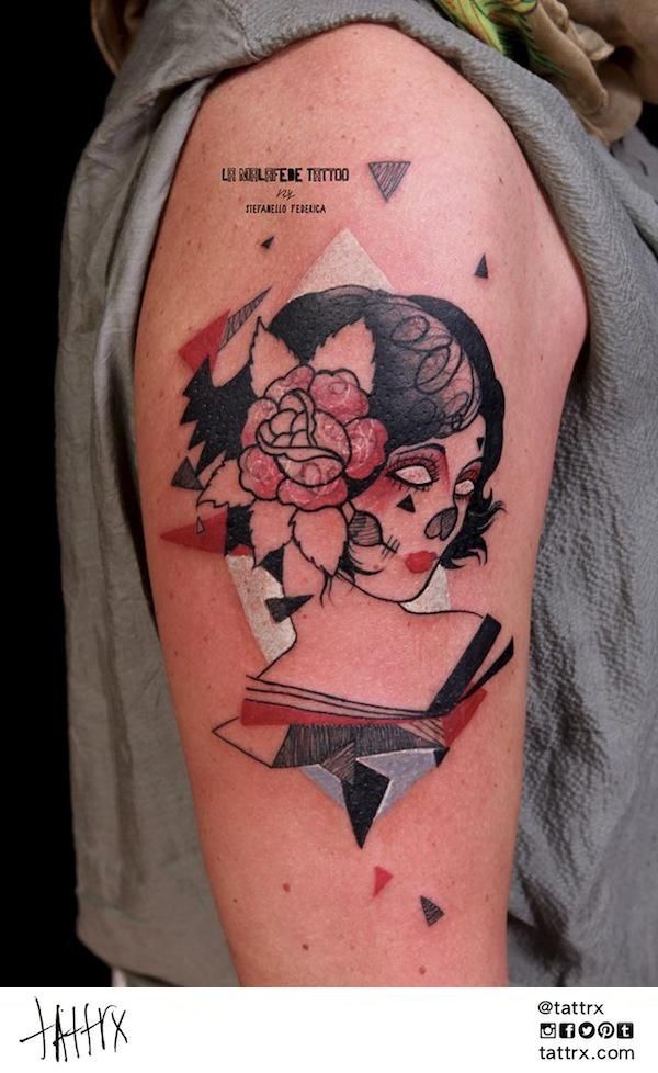 Old school style colored shoulder tattoo of woman face and rose flowers