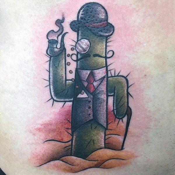 Old school style colored tattoo of gentleman style cactus