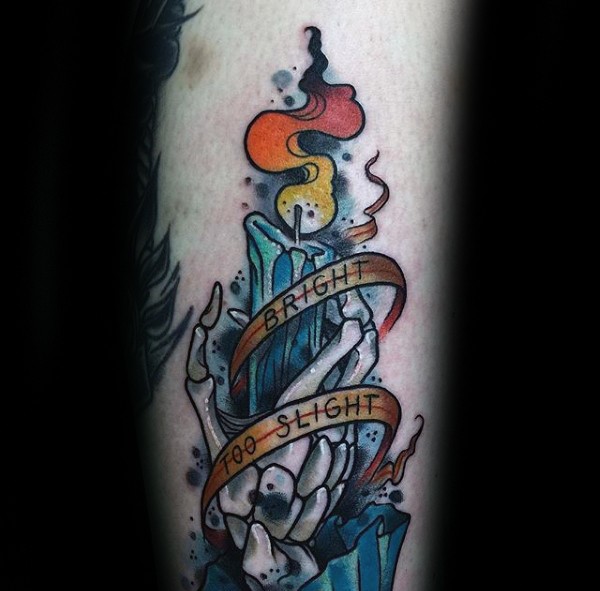 Old school style colored tattoo of burning candle with lettering