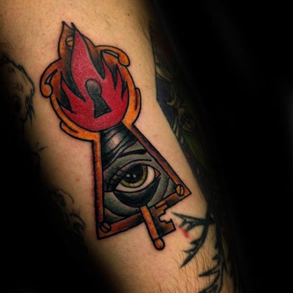Old school style colored tattoo of burning keyhole with eye