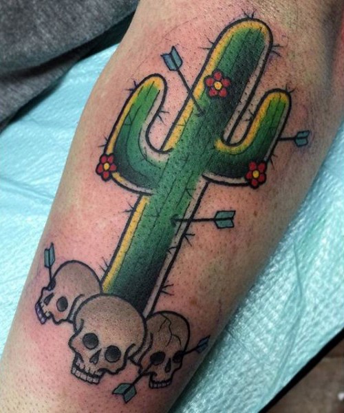 Old school style colored tattoo of cactus with arrows and skulls