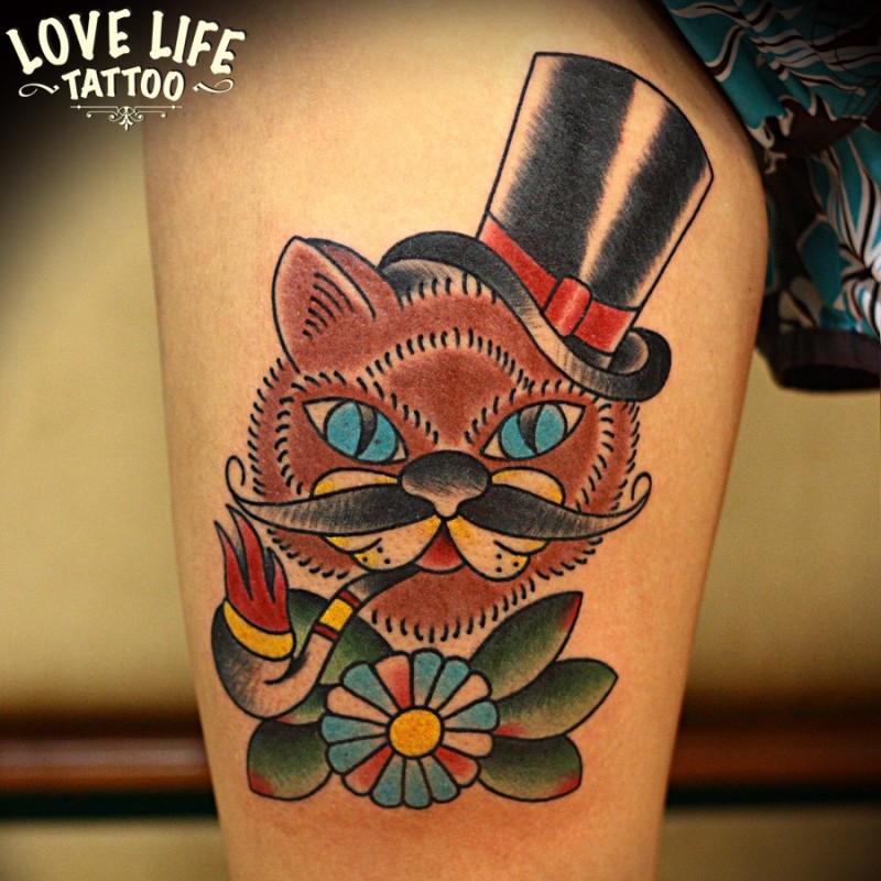 Old school style colored tattoo of cat with smoking pipe and flower