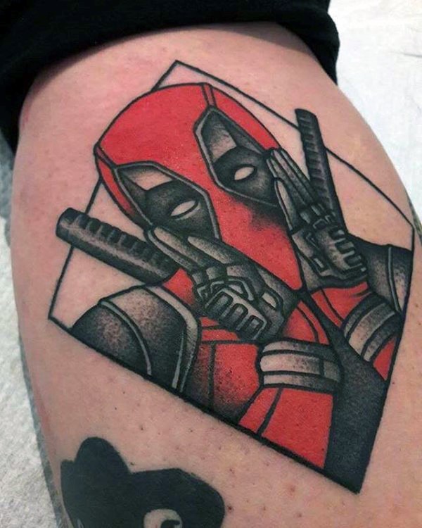 Old school style colored tattoo of cute Deadpool