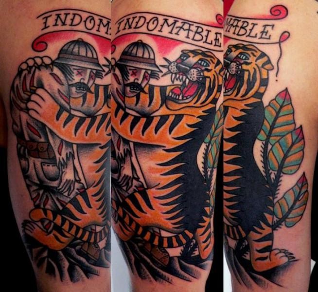 Old school style colored tattoo of dead man with tiger and lettering