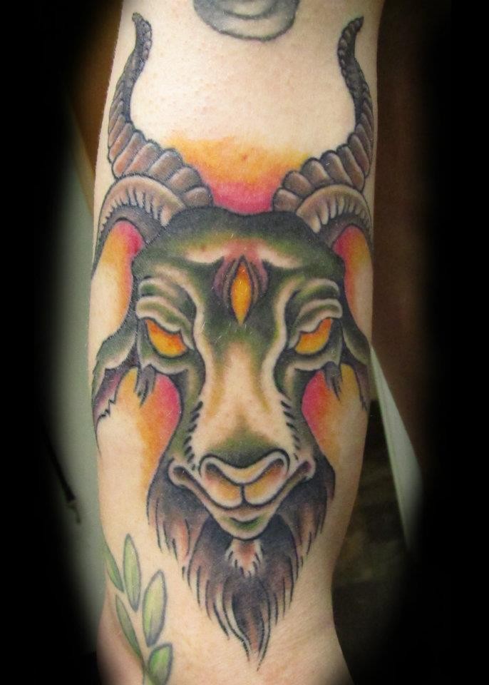 Old school style colored tattoo of demonic goat head