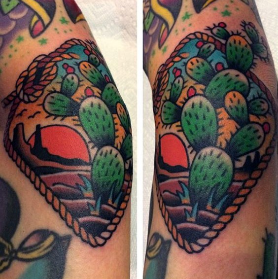 Old school style colored tattoo of desert cactus