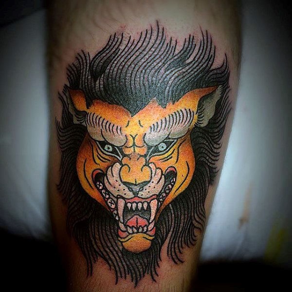 Tatuaggio colorato in stile vecchia scuola del leone del diavolo