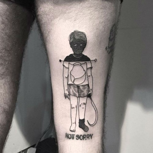 Old school style colored thigh tattoo of little boy with lettering