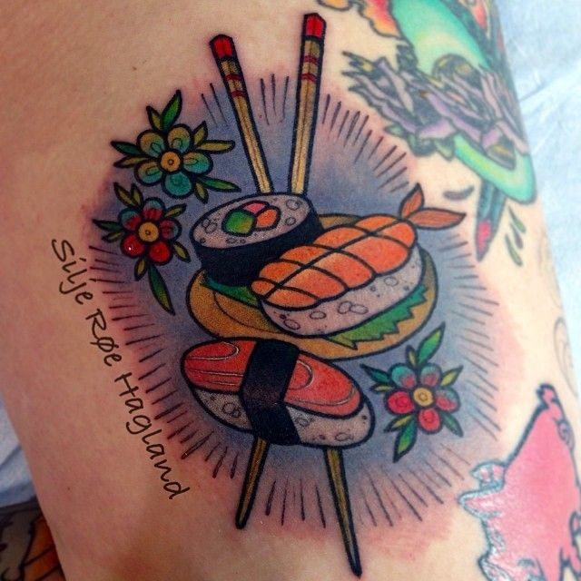 Old school style colored thigh tattoo of Asian food with flowers