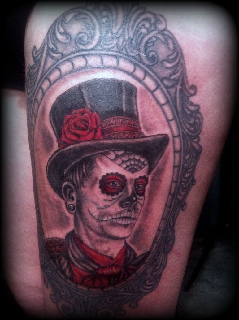 Old school style colored thigh tattoo of man with makeup