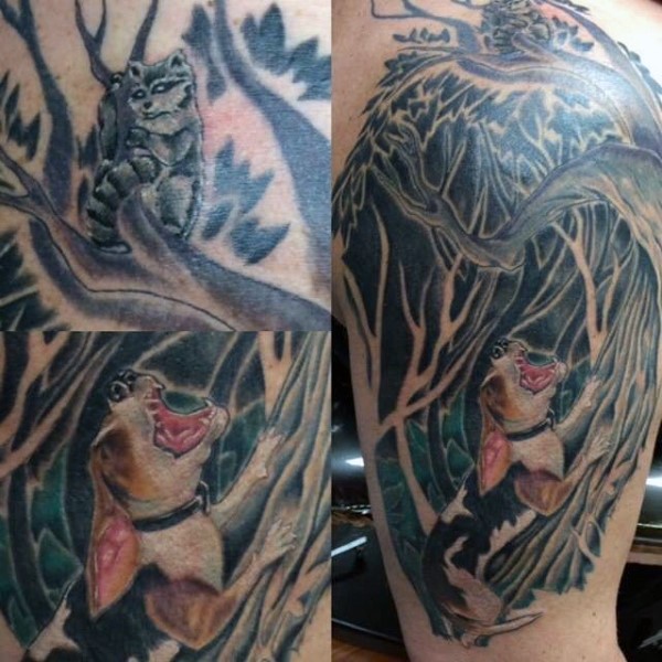 Old school style colored thigh tattoo of dark woods and angry dog