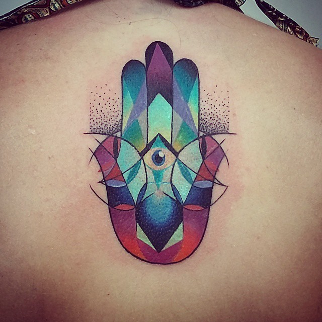 Old school style colored upper back tattoo of Mystical Hamsa hand