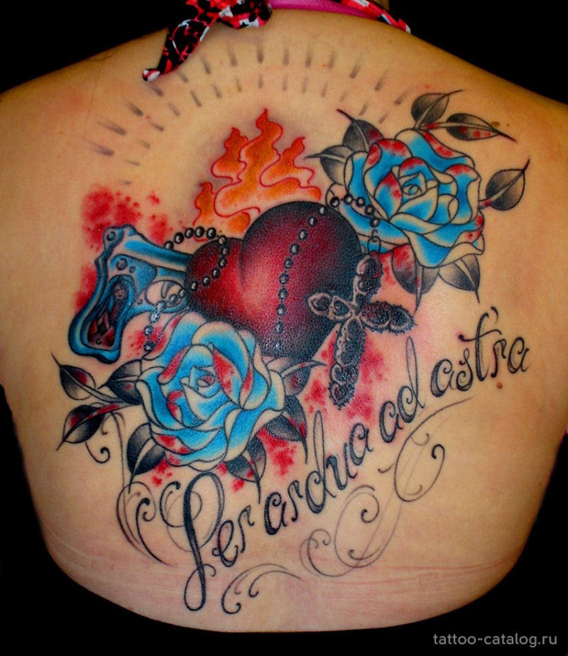 Old school style colored whole back tattoo of heart with flowers and lettering