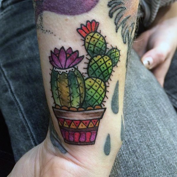 Old school style colored wrist tattoo of big cactus