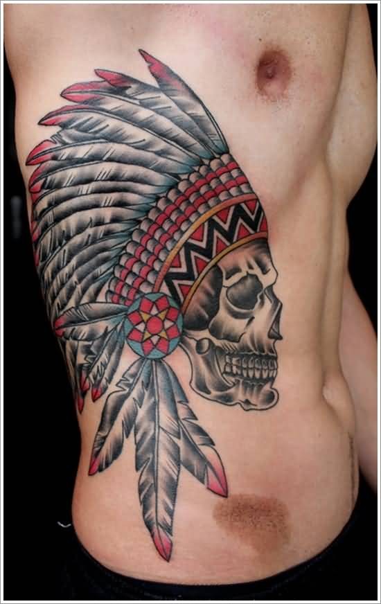 Old school style colorful side tattoo on of Indian skull in helmet tattoo