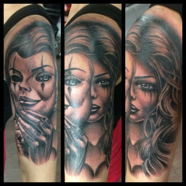 Old school style cute looking colored shoulder tattoo of woman portrait with mask